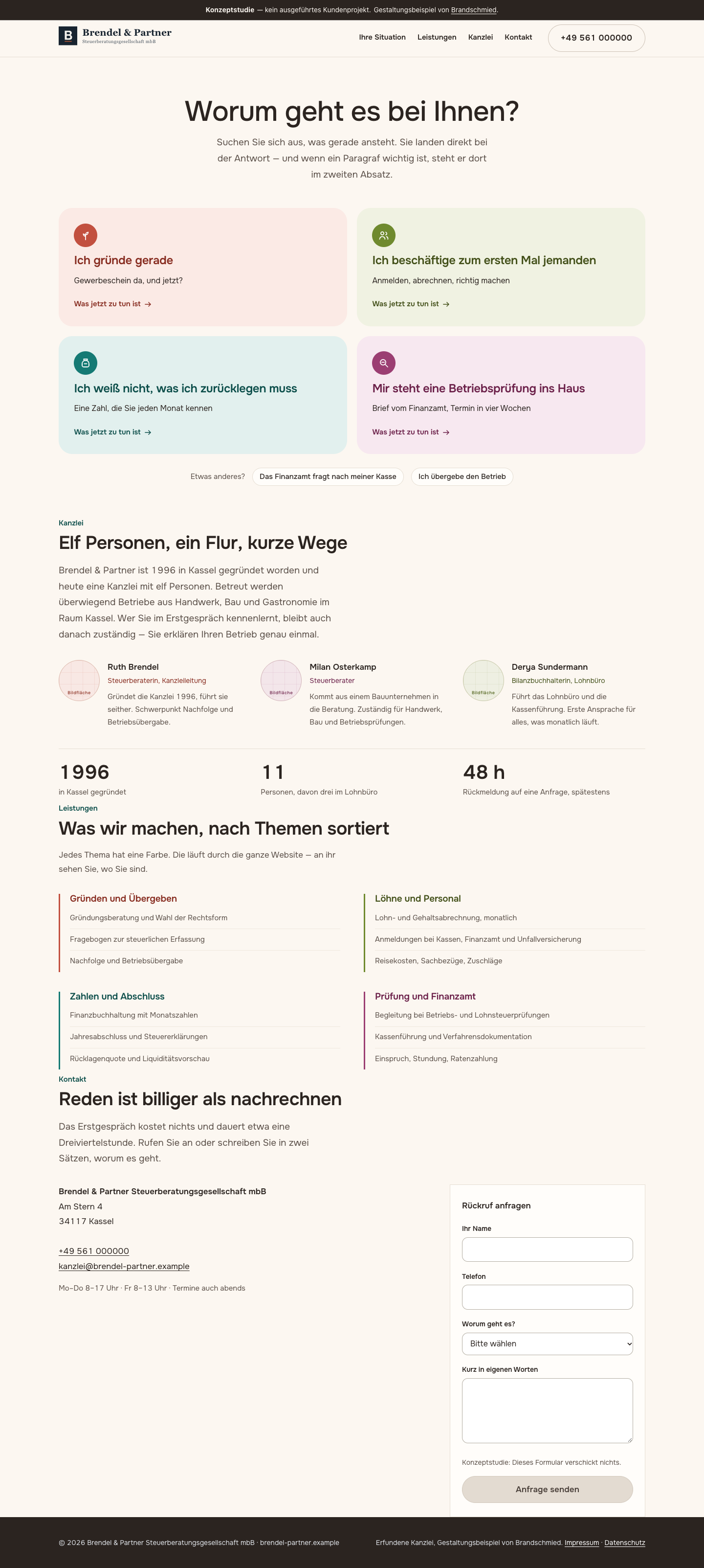 Konzeptstudie Brendel & Partner, Entwurf der neuen Website: warmer heller Grund, als Überschrift die Frage „Worum geht es bei Ihnen?" und darunter vier große runde Kacheln in vier Themenfarben.