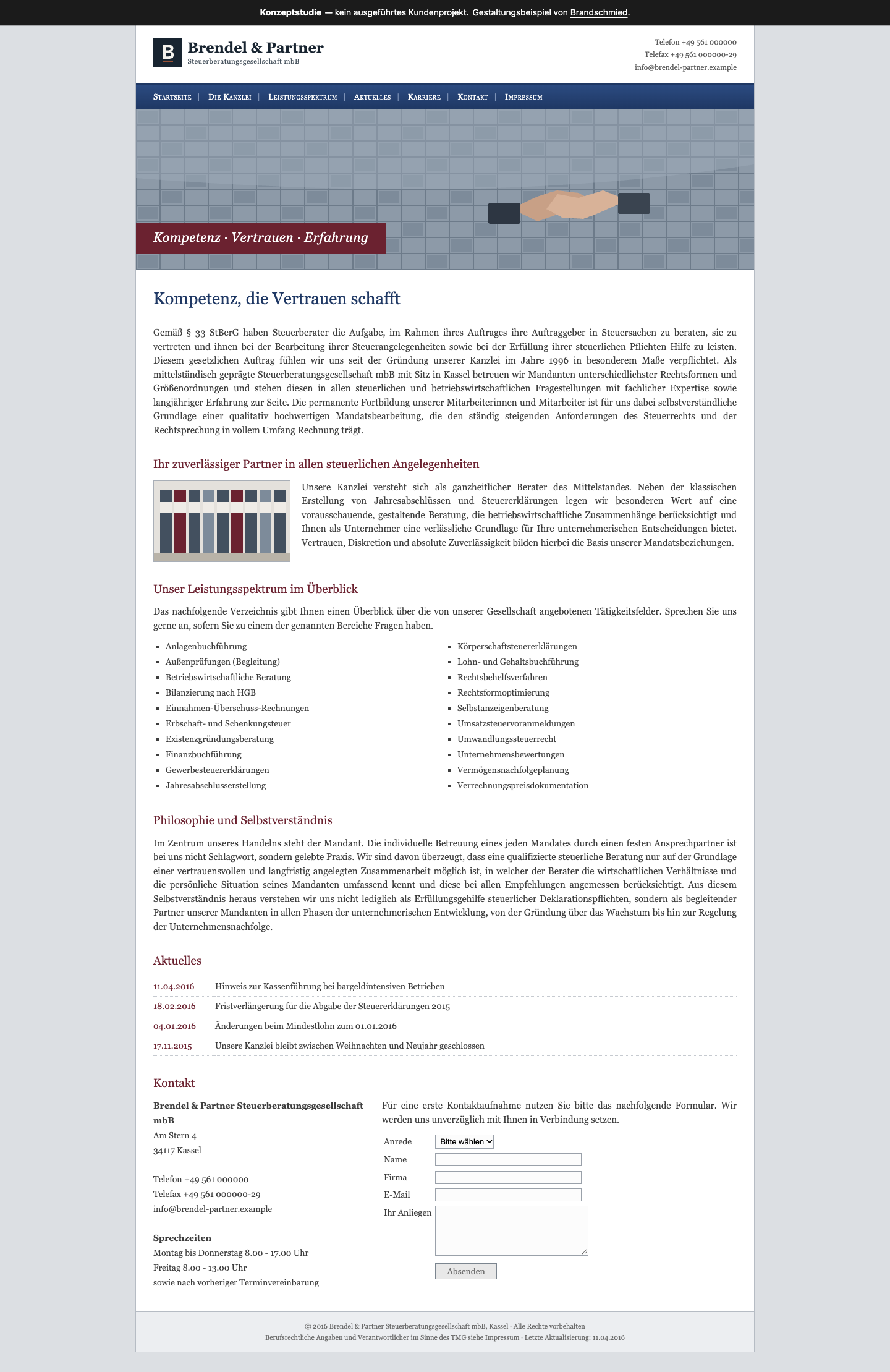 Konzeptstudie Brendel & Partner, nachgestellter Ausgangszustand: Glasfassade mit Handschlag, Navy und Bordeaux, Serifenschrift, Leistungen als alphabetische Liste.