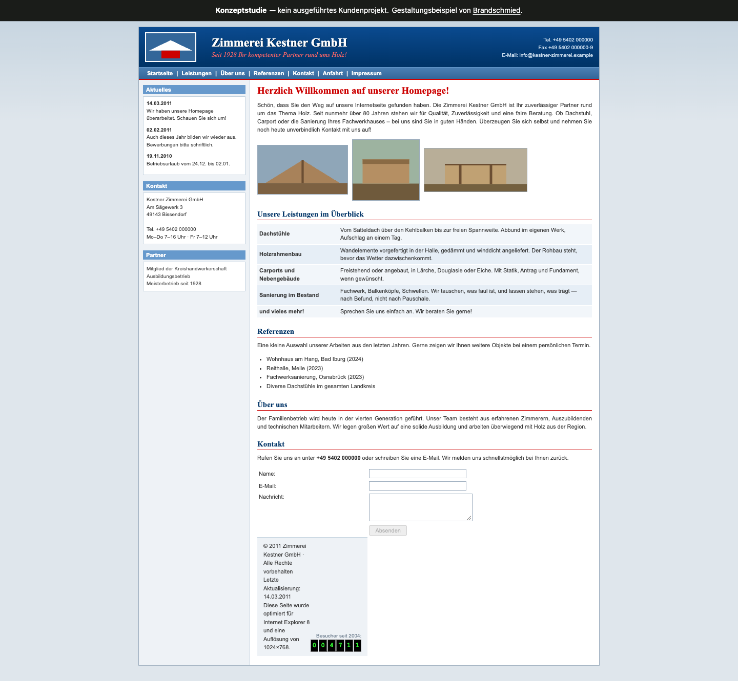 Konzeptstudie Kestner Zimmerei, nachgestellter Ausgangszustand: Tabellenlayout, kleine Schrift, drei Blautöne und ein Besucherzähler.